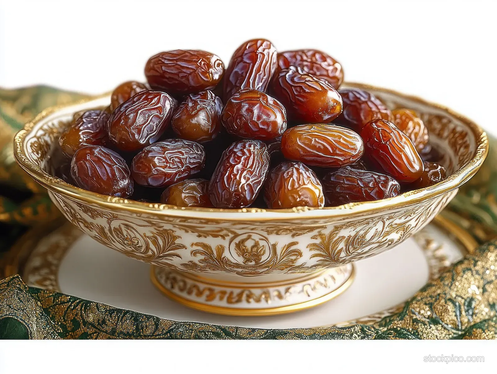 Glossy dried dates piled in an ornate gold and white bowl on textured fabric in a close-up.