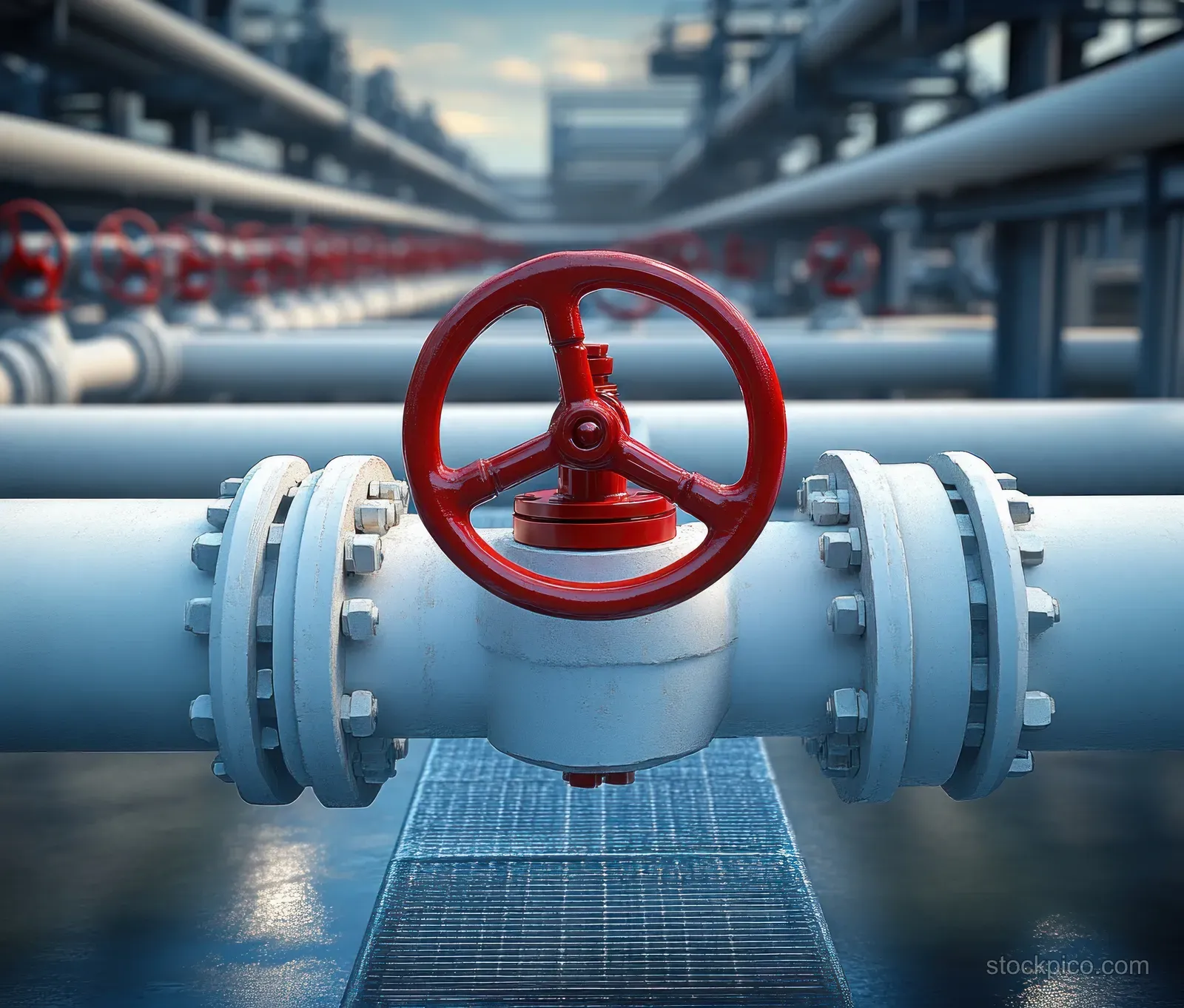 A red handwheel valve on a white steel pipeline with flanged joints in an industrial refinery.
