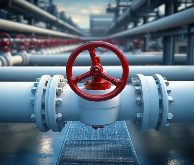 A red handwheel valve on a white steel pipeline with flanged joints in an industrial refinery.