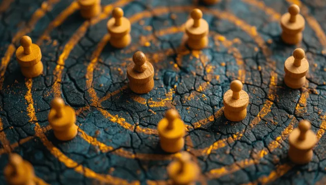 Linked client pins connected by a network circle on a textured map background