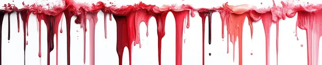 Crimson blood drips and small splatters hang from the top against a stark white background.