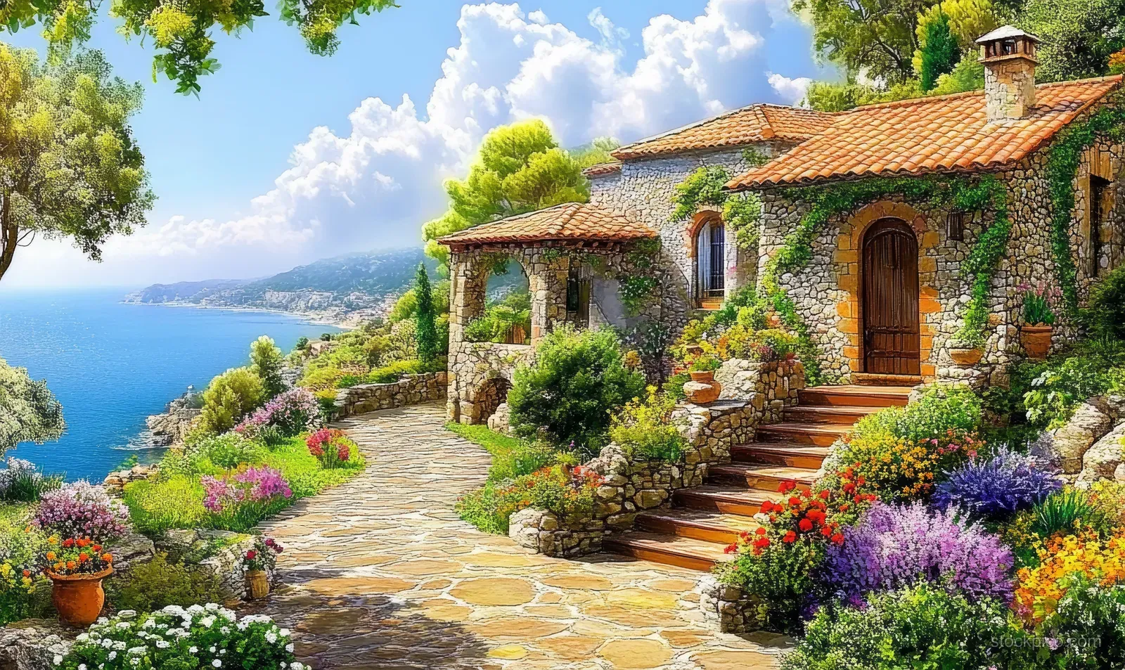 Mediterranean villa with terracotta roof and flower-lined stone steps overlooks a blue sea under a bright sky.