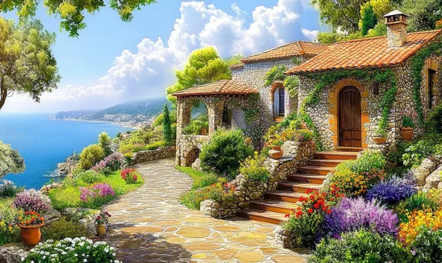 Mediterranean villa with terracotta roof and flower-lined stone steps overlooks a blue sea under a bright sky.
