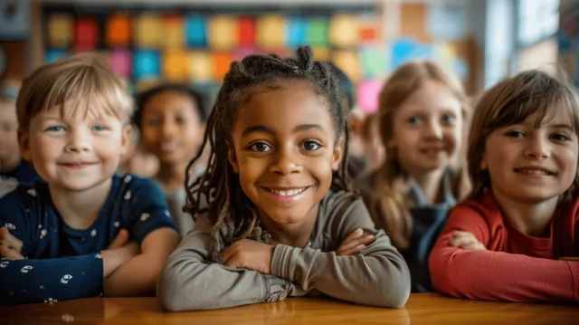 Multiethnic elementary students sit at desks smiling while studying in a bright classroom.