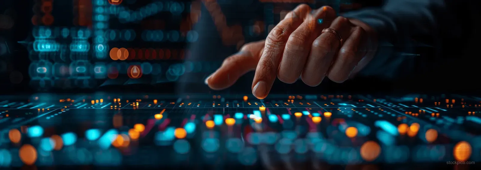 A hand reaches toward a glowing stock trading interface with candlestick charts and floating data points.