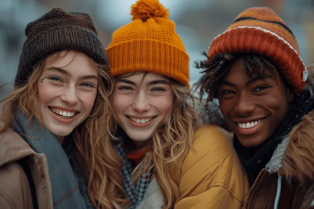 Three friends smile while standing close together in winter hats and jackets outdoors during cold weather.