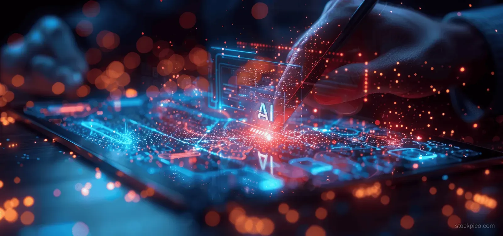 Glowing AI hologram overlays a digital network of data streams across a dark futuristic city scene.