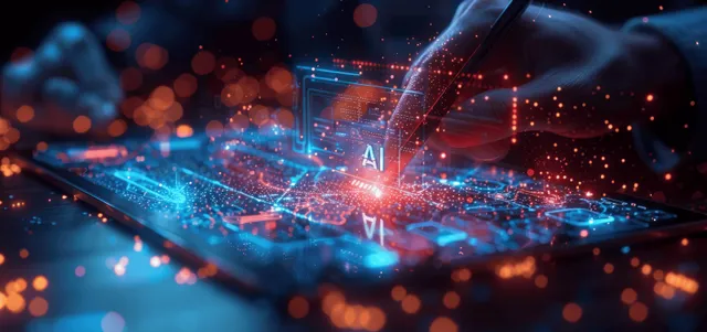 Glowing AI hologram overlays a digital network of data streams across a dark futuristic city scene.