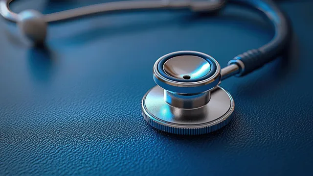 A metallic stethoscope chestpiece sits on a textured blue surface with its tubing curving behind it.