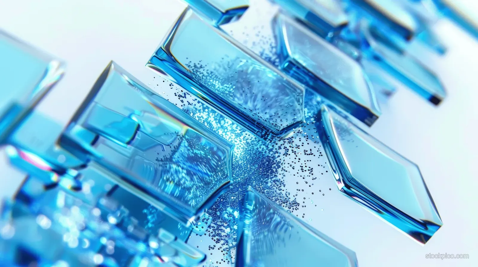 Blue glass arrows and blocks float in white space with sharp 3D refraction details.