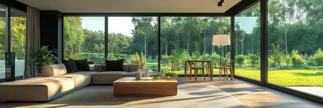 Beige sectional sofa and low wooden coffee table in a bright living room, with large windows revealing a lush garden.