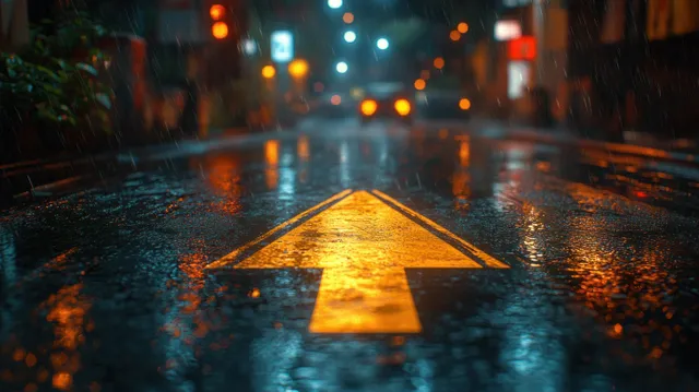 Wet asphalt road with glowing white arrow leading forward at sunset, long shadows