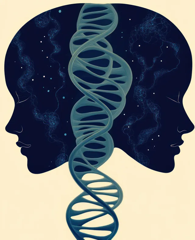 Two facing-away human head silhouettes with a vertical DNA double helix centered between them on a light background.