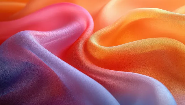 Colorful silk scarf folds swirl across an orange and pink background.