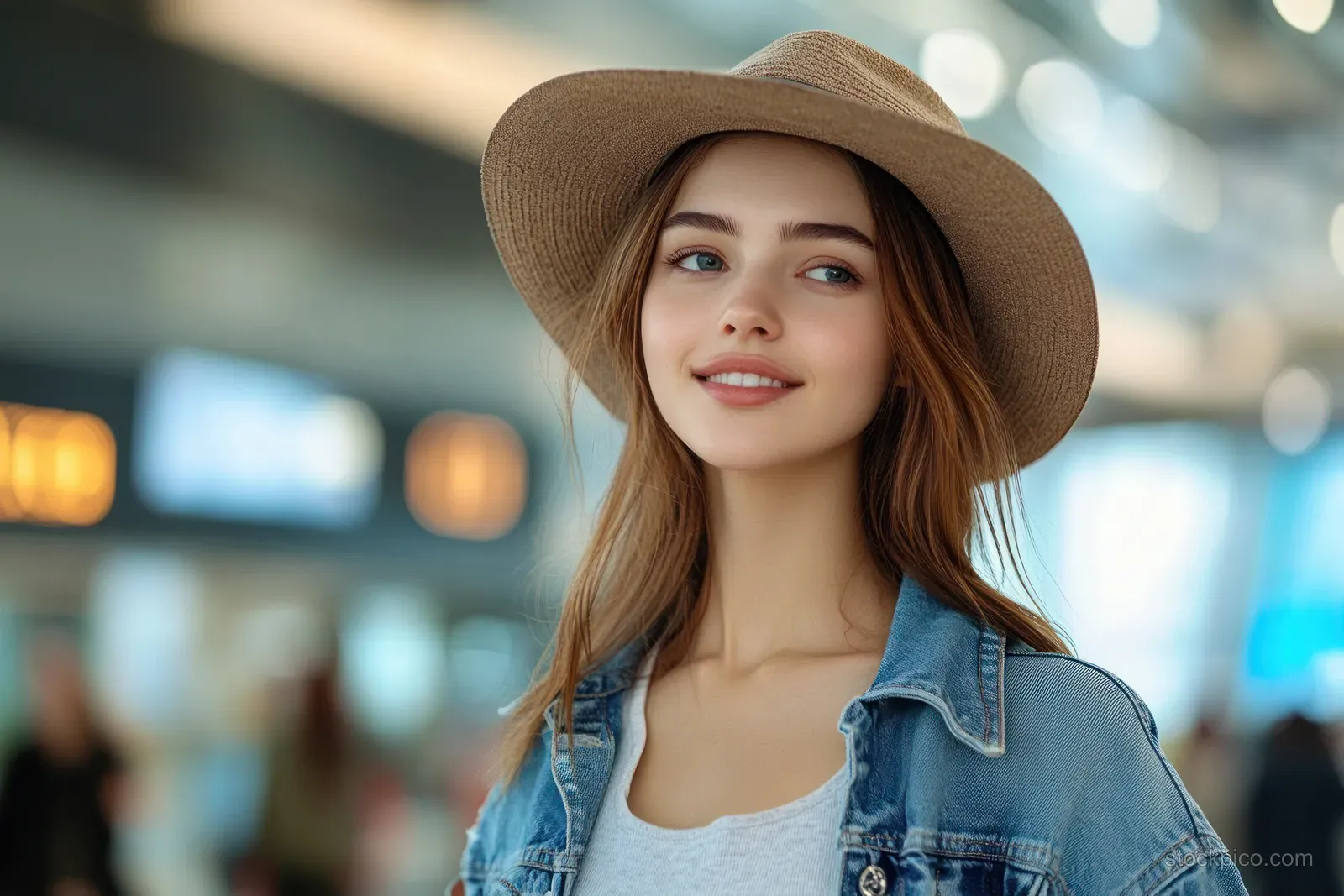 Smiling traveler in denim jacket and hat holds a smartphone in a modern airport terminal with blurred screens behind.