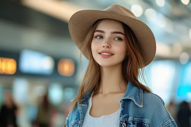 Smiling young woman uses a smartphone while waiting in a bright modern airport terminal