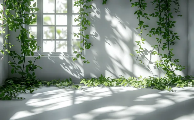 Sunlight dappled through window casting tree-leaf shadows on white interior wall