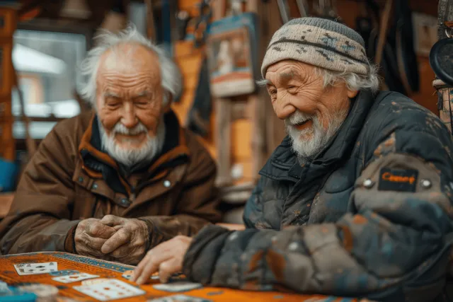 Two elderly men playing cards at a wooden table, winter hats and cozy jackets