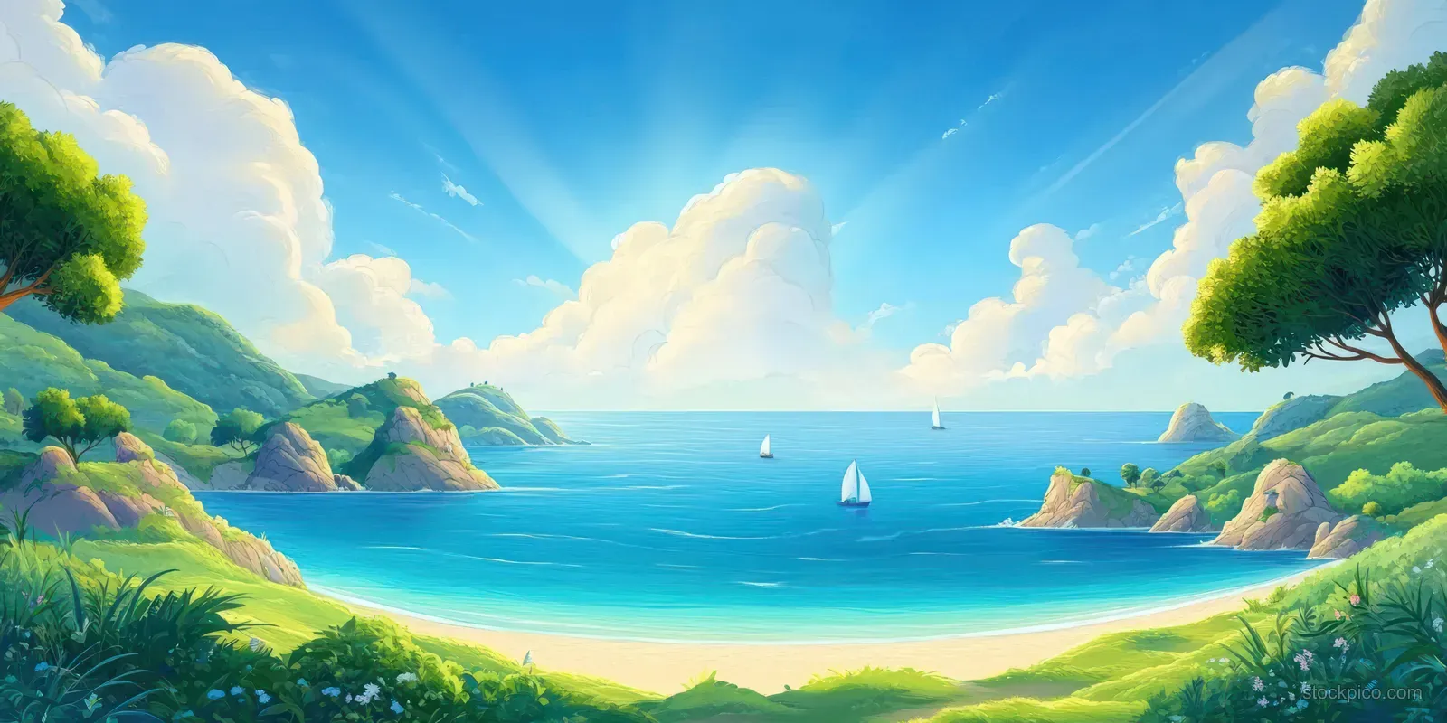 Illustrated coastal bay with green hills, sailboats, and a bright blue sky.