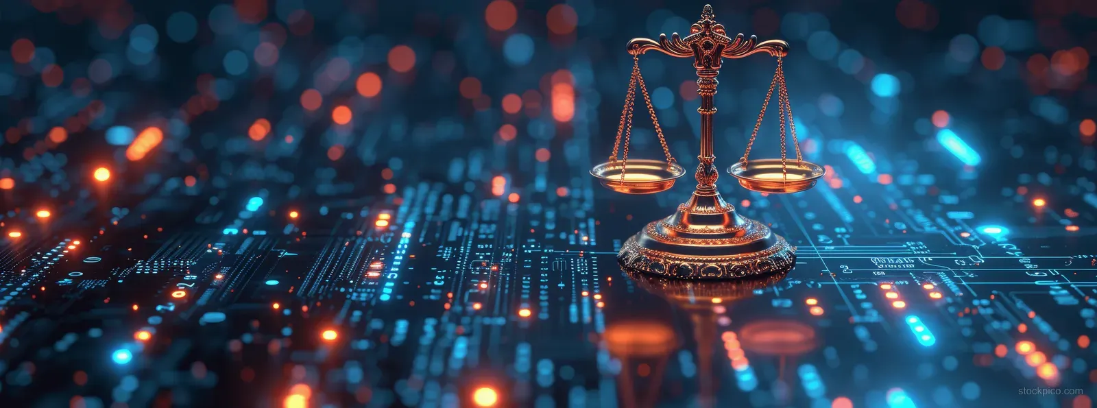 A golden justice scale glows above a blue circuit board with orange data lights.
