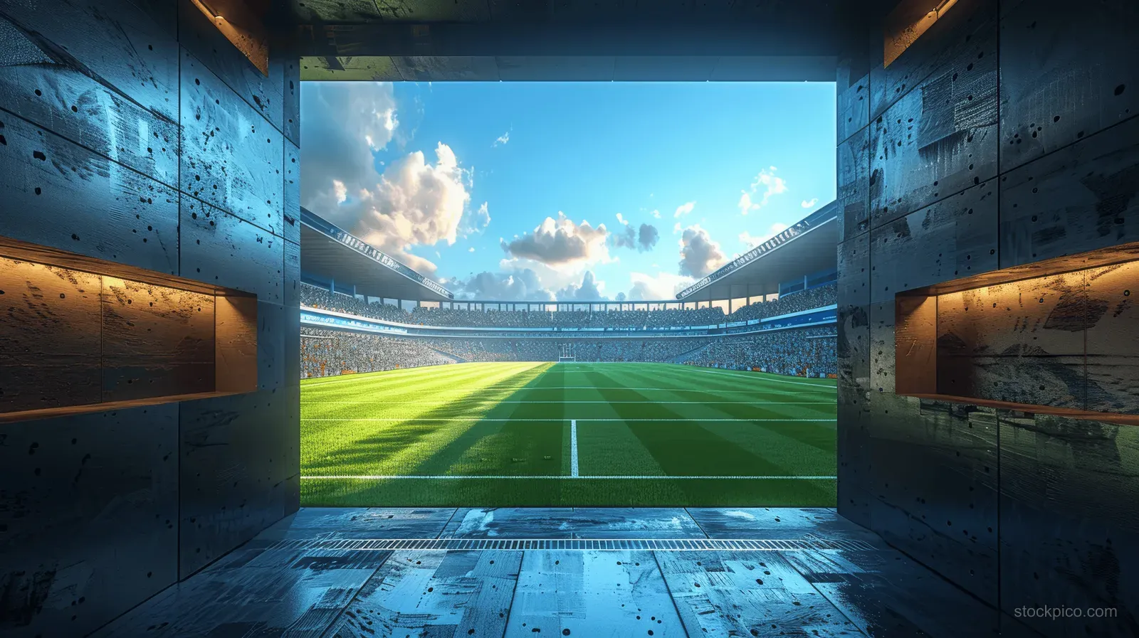 A stadium entrance corridor leads to a green football pitch with fans watching from the stands under blue sky.