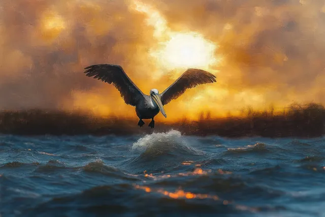 A pelican flies low over choppy ocean waves under an orange and yellow sunset sky.