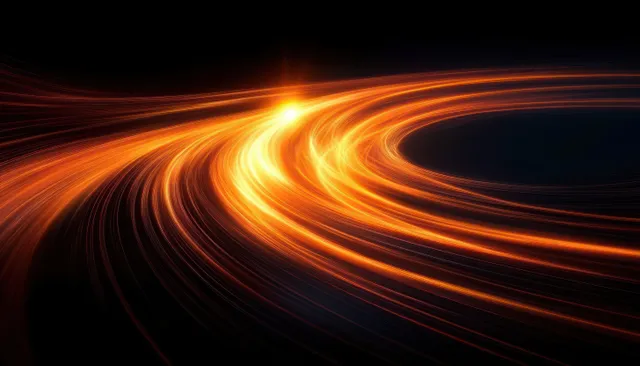 Orange light trails curve and spiral outward from a bright glowing point on a dark background.