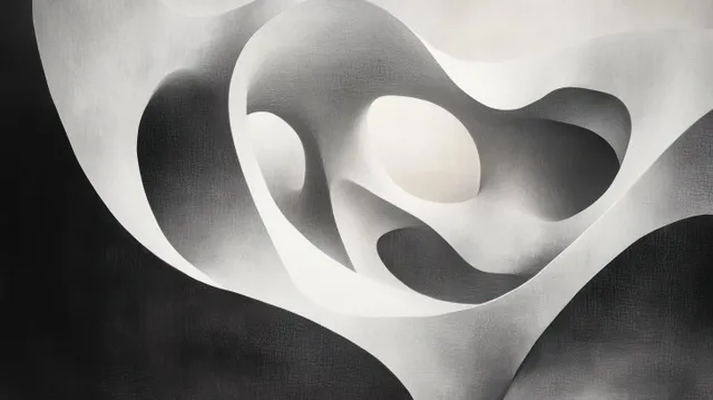 Minimalist interior with flowing white curved walls and organic openings creating soft shadowed depth.