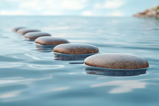 Smooth stepping stones crossing still water in a serene Zen landscape