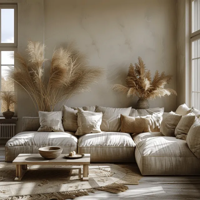 Beige sofa in a bright living room with pampas grass decor and a round coffee table on a patterned rug.