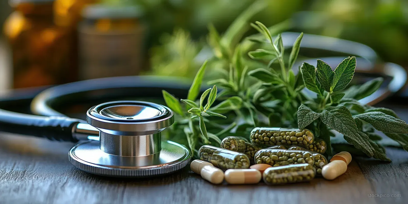 Stethoscope lying beside green herbal capsules and fresh leaves on a wooden table under natural daylight.