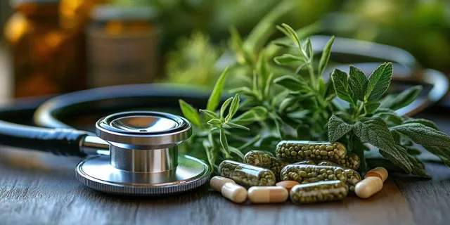Stethoscope lying beside green herbal capsules and fresh leaves on a wooden table under natural daylight.