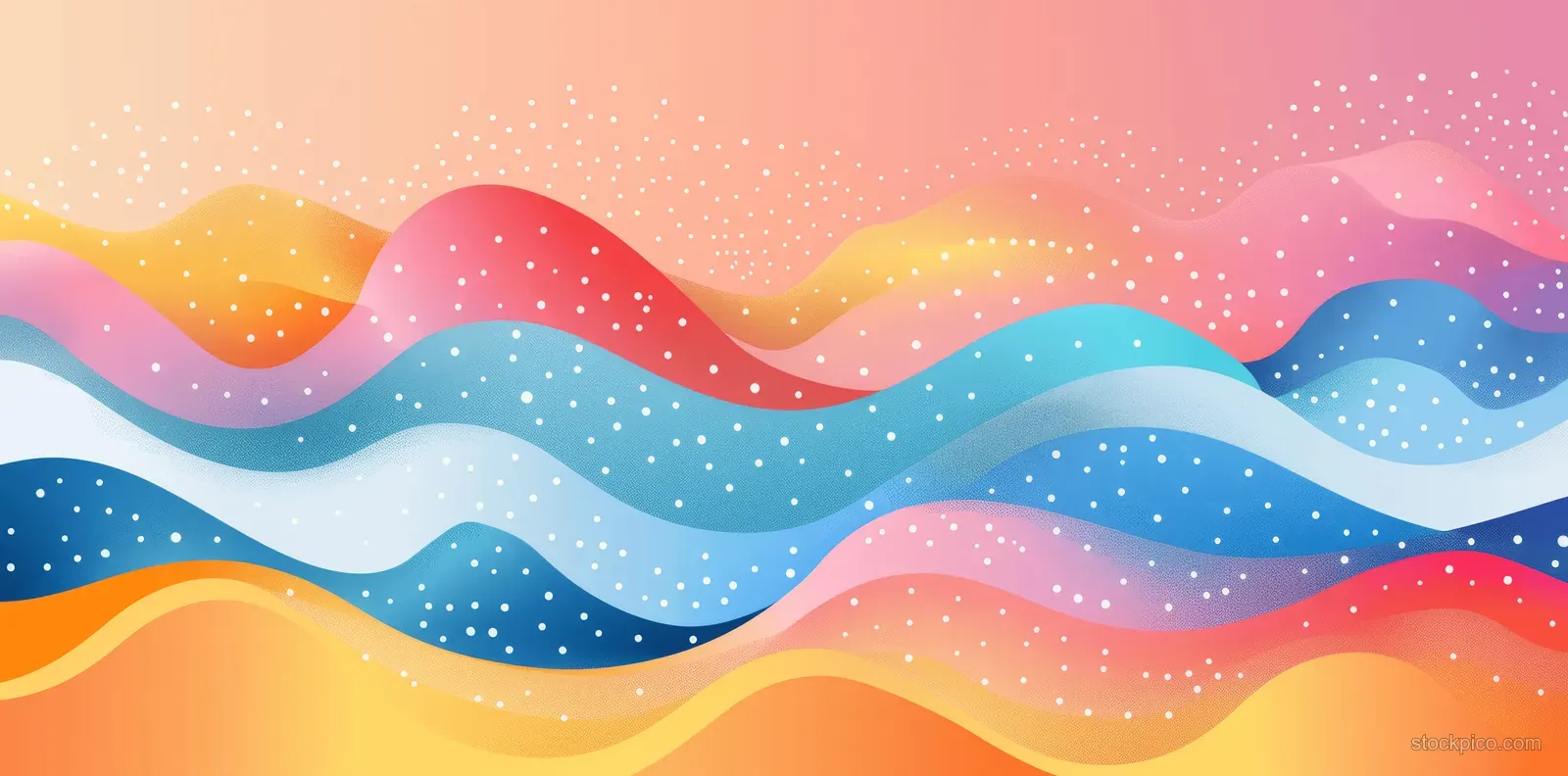 Pastel gradient background with layered wavy waves and small dot texture across the scene.