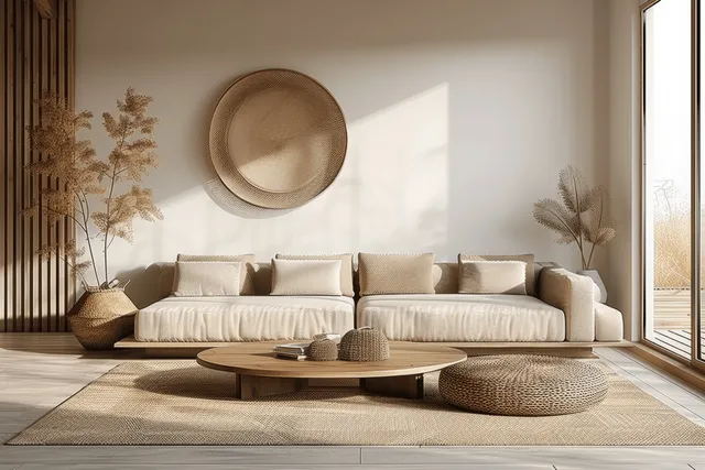 Minimal Japandi living room with beige sofa, wooden round coffee table, and sunlit neutral decor.