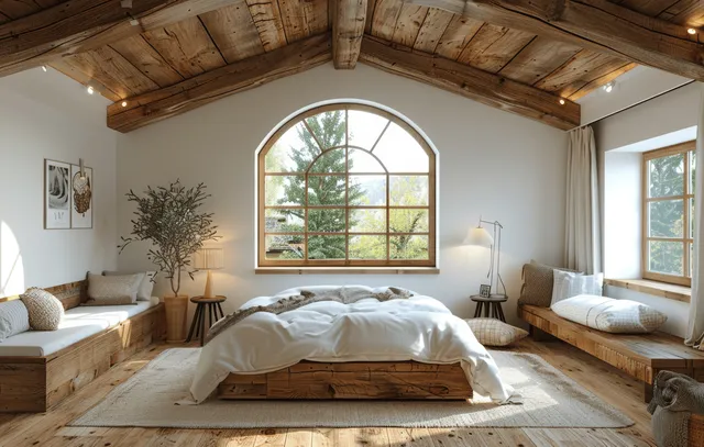 Farmhouse bedroom interior with exposed wooden beams, white walls, a made bed, bedside lamps, and arched windows with warm light.