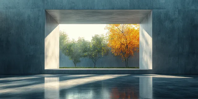 Empty concrete interior with a rectangular window framing autumn trees and soft daylight.