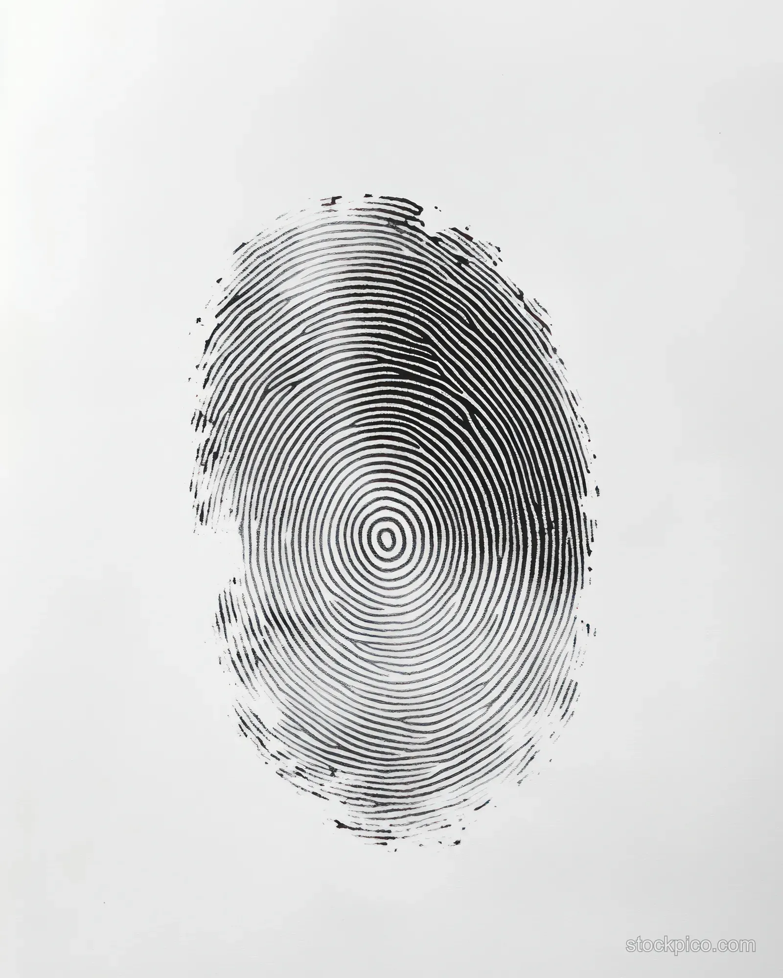 A black and white fingerprint close-up showing detailed ridge ridges and a central whorl on a white background.