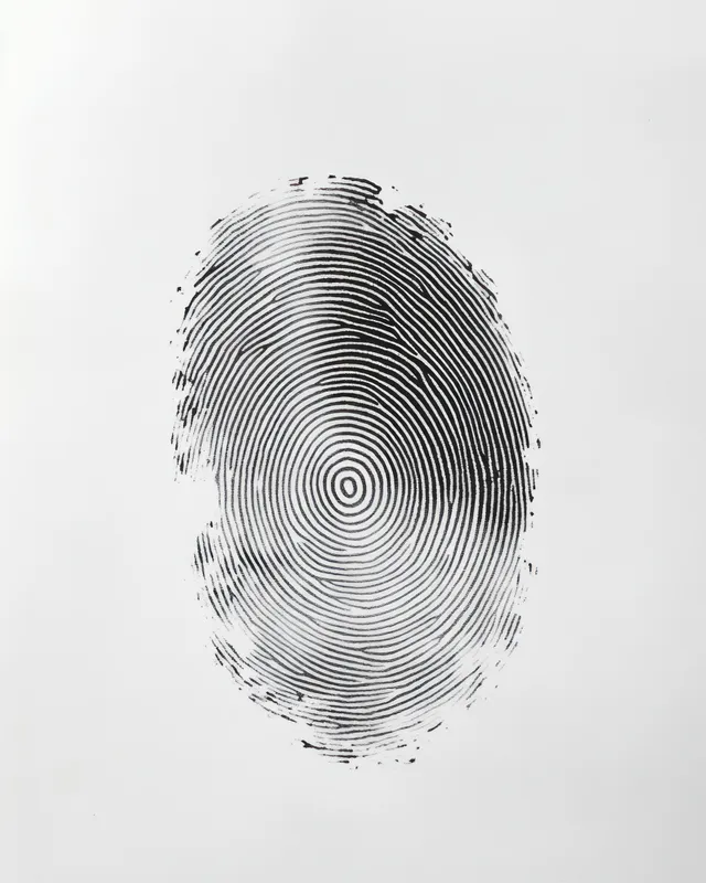 A black and white fingerprint close-up showing detailed ridge ridges and a central whorl on a white background.