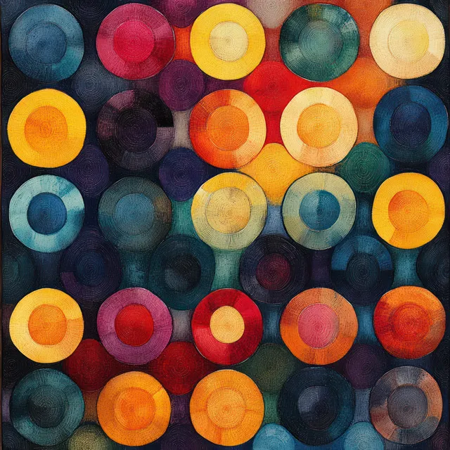 Overlapping watercolor circles in multiple colors form a textured pattern background with subtle spiral strokes.