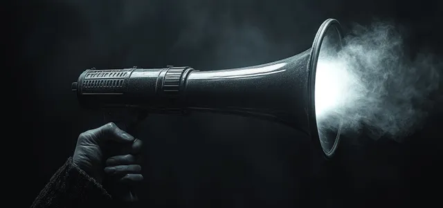 A hand holding a megaphone releases a bright sound burst against a dark background.