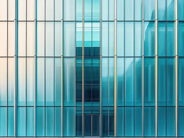 Blue-tinted glass building facade framed by vertical metallic ribs forming a geometric grid with reflections.