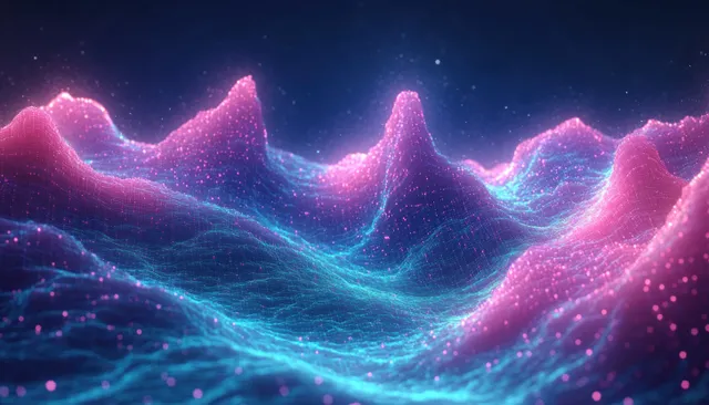 Neon pink and blue glowing wave mountains with floating particles over dark space with Digital Art Background