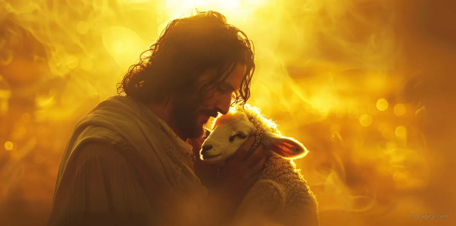 A robed shepherd holds a lost lamb while golden backlit fog glows behind them.