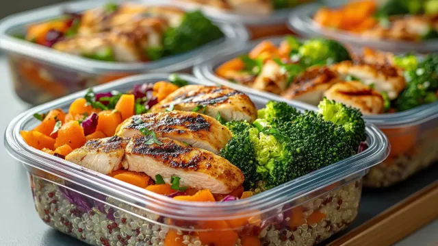 Close-up of meal prep containers filled with grilled chicken, quinoa, broccoli, and diced carrots.