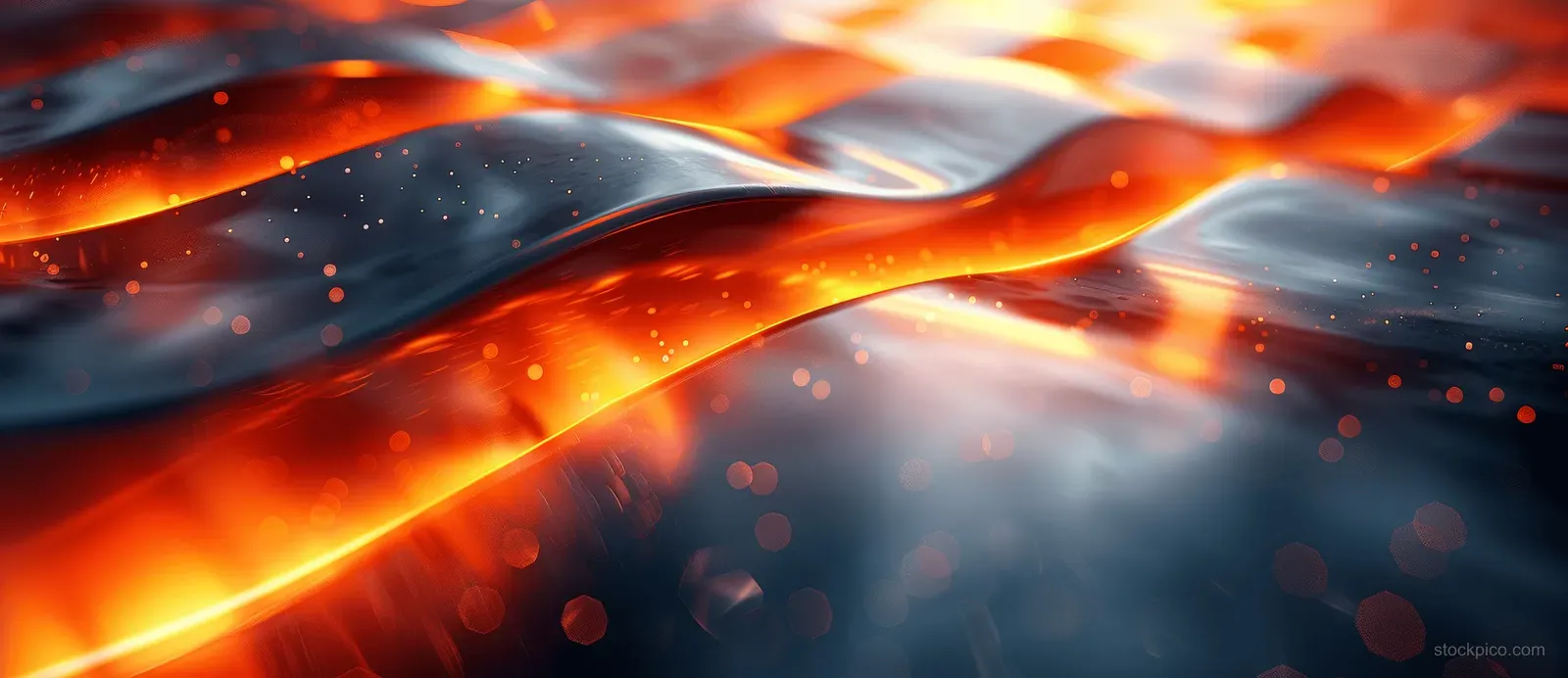 Glowing orange metallic curves sweep across a dark red and black abstract background with fine details.