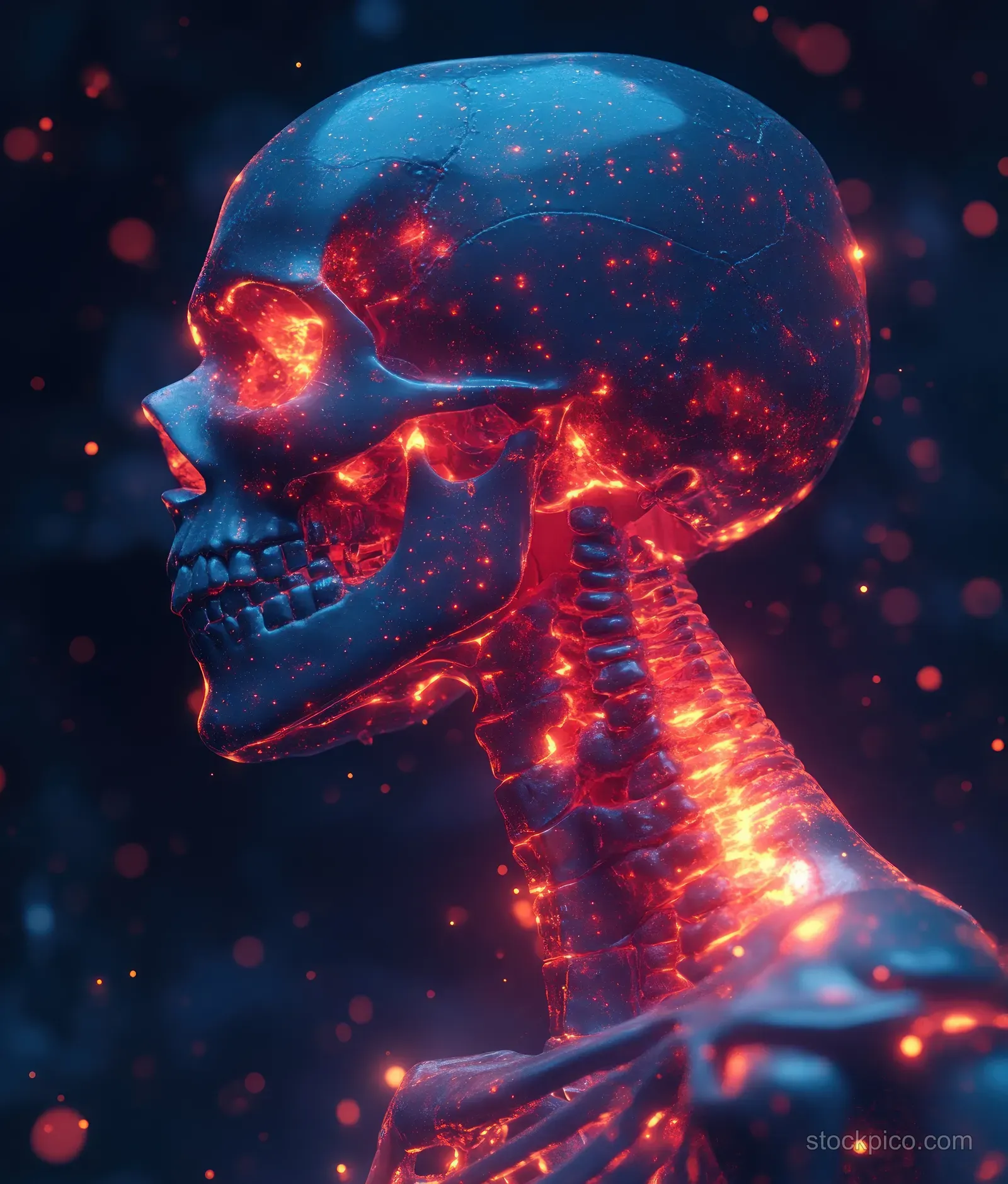 A glowing 3D skeleton emphasizes the shoulder joint against a dark X-ray style background with light particles.
