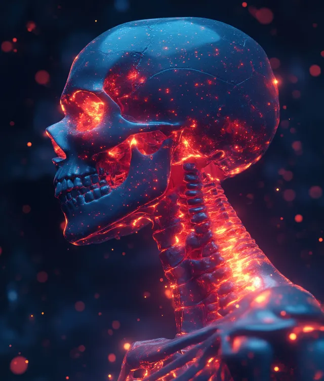 A glowing 3D skeleton emphasizes the shoulder joint against a dark X-ray style background with light particles.