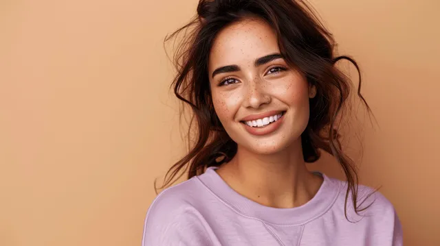 A young woman with freckles smiles in a light purple sweatshirt against a peach background.