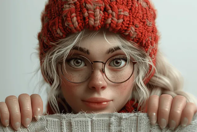 3D cartoon blonde girl peeking over white wall, red beanie and glasses with banner space