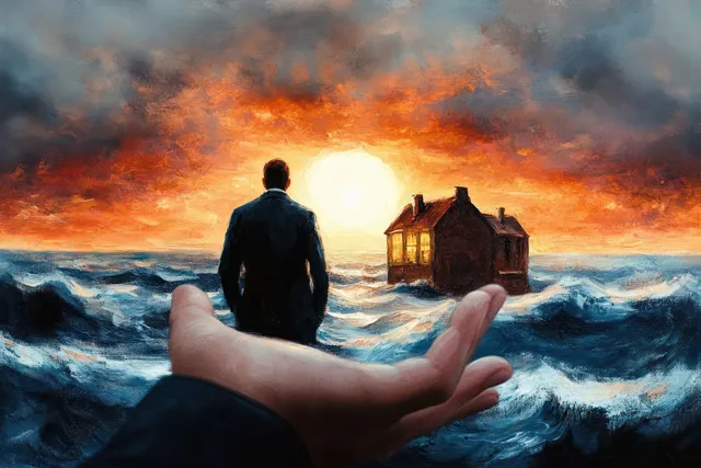 Man silhouetted on stormy ocean waves reaching forward as a floating house glows